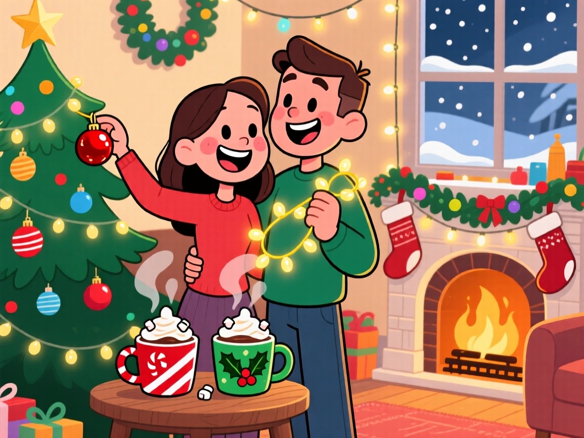 A heartwarming scene of a couple celebrating an anniversary decorating the house together for the holidays, with steam rising from mugs of hot cocoa.