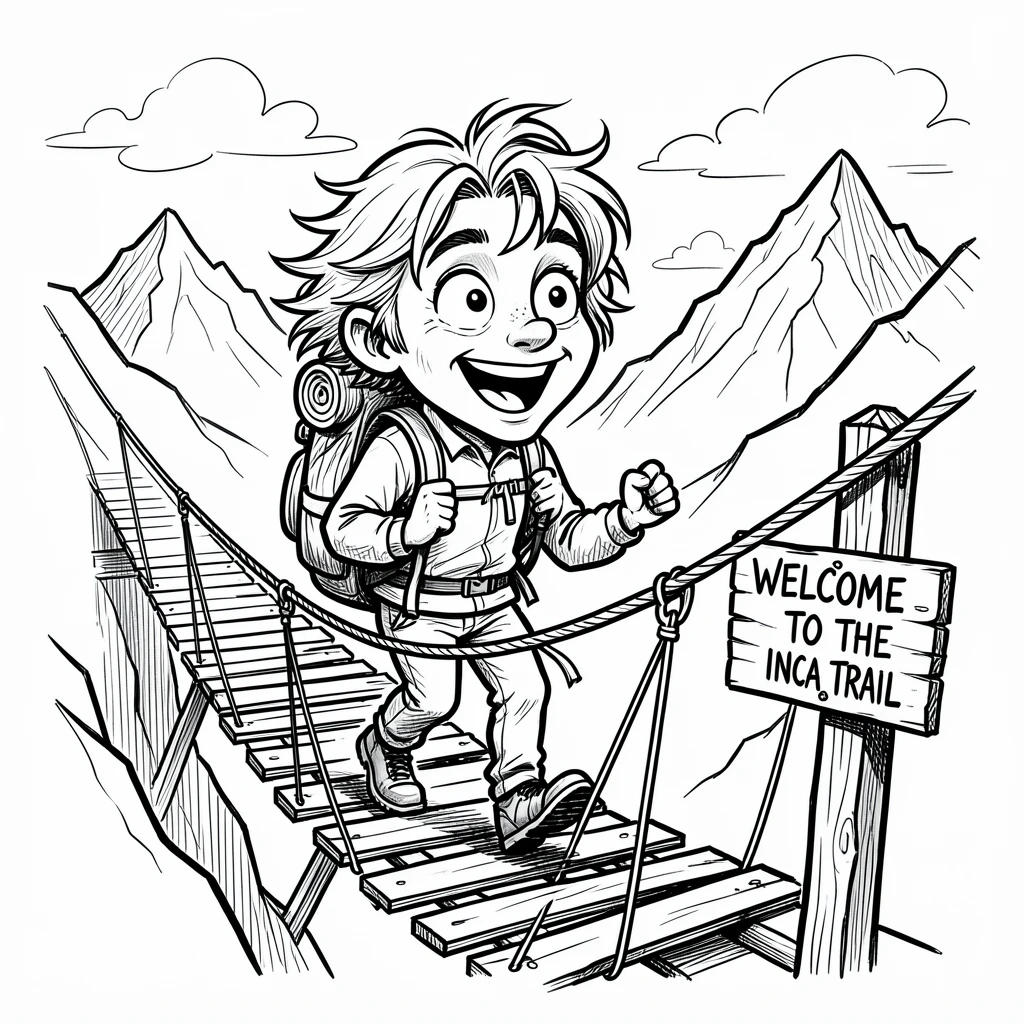 [Travel & Cultural Experiences] Vivid travel scene of a backpacker crossing a dramatic suspension bridge in Peru, full of wonder and adventure