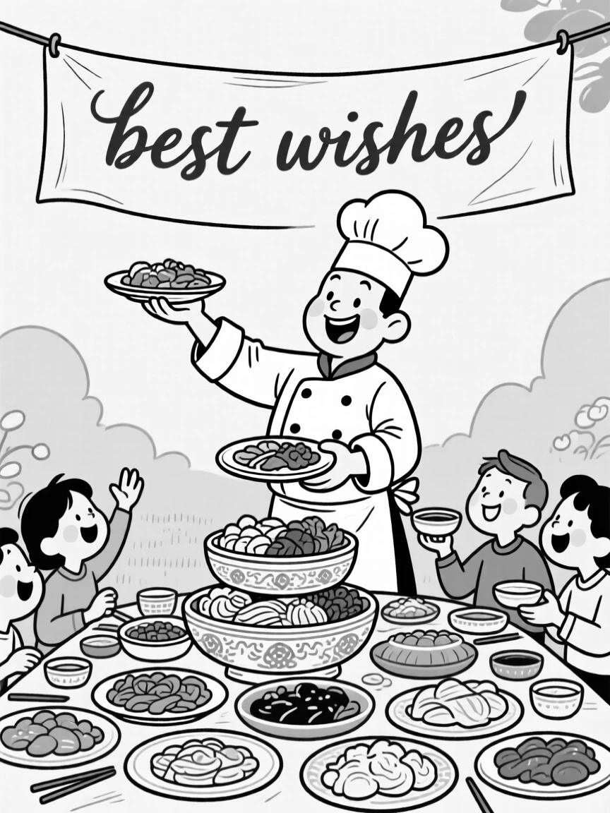 A chef presenting a towering traditional feast, passing dishes around with warm, animated chatter, set at an outdoor table crowded with celebratory dishes. A hand-painted banner reads best wishes in flowing script. The image feels like a snapshot of pure, collective happiness.