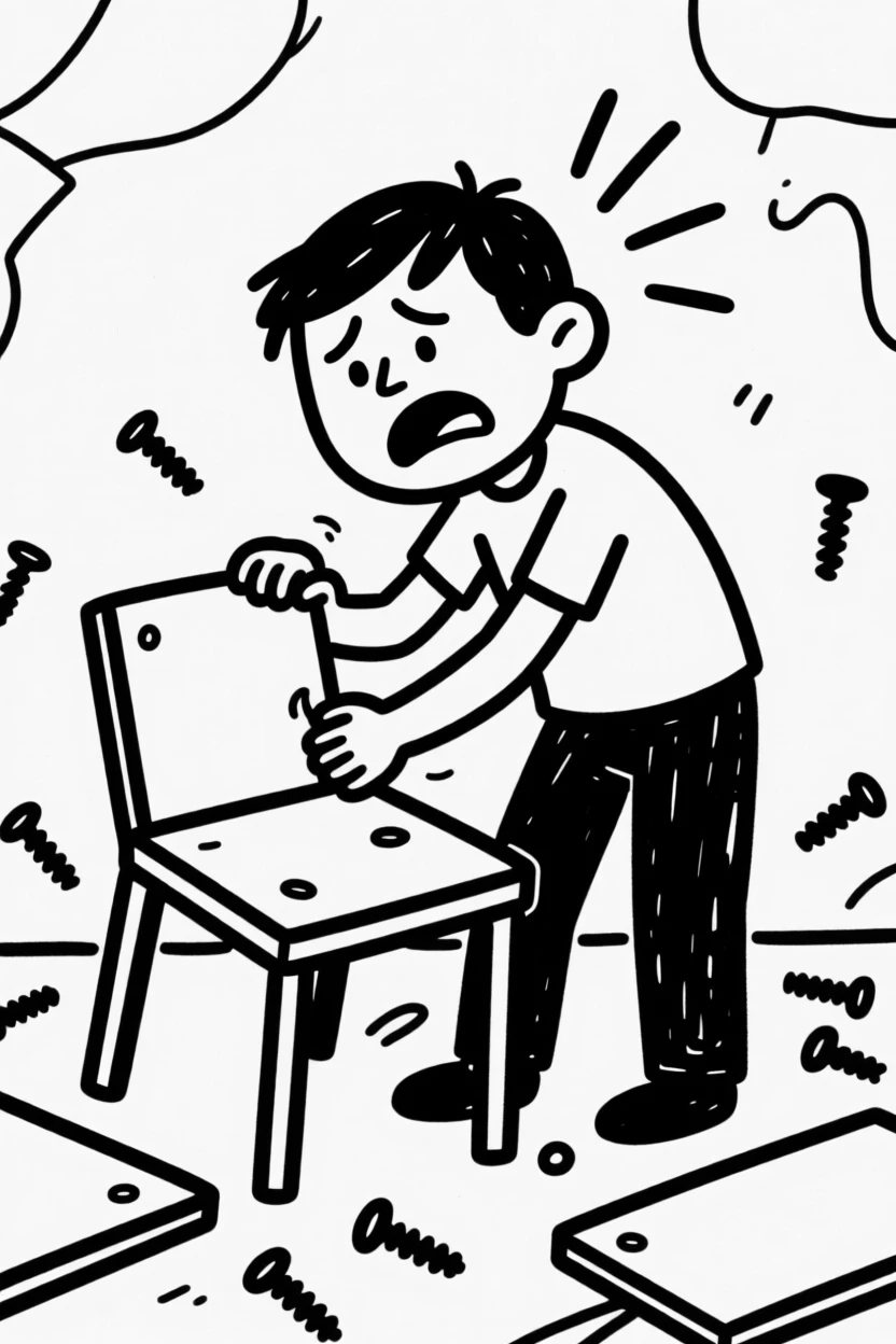 A person trying to assemble flat-pack furniture, surrounded by confusing leftover screws.