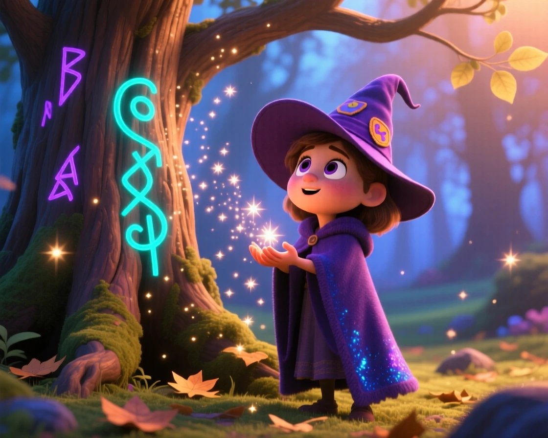 A witch with a pointed hat stands beside an ancient tree with glowing runes carved into its bark, catching falling stardust in cupped hands. A gentle sense of wonder radiates through the air, with tiny sparkles drifting through the air.