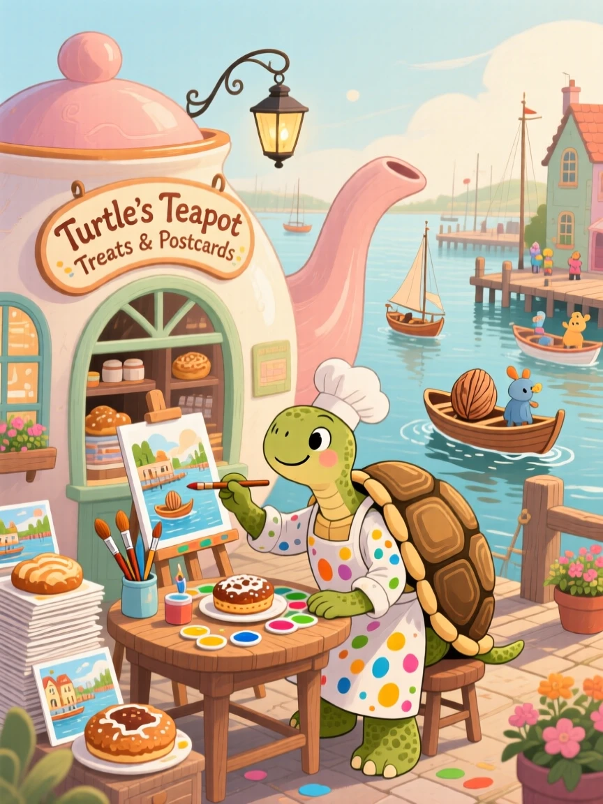 A turtle who paints postcards is running a bakery inside a giant teapot in a bustling harbor for walnut-shell boats, with everything wrapped in a cozy, storybook charm.