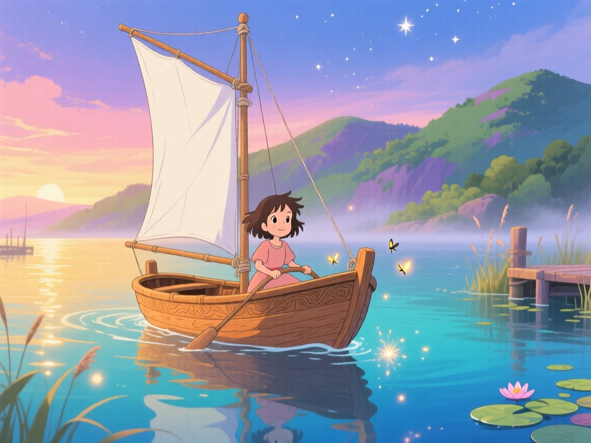A charming scene of a small wooden sailboat gliding across a calm harbor, framed by distant mountains.