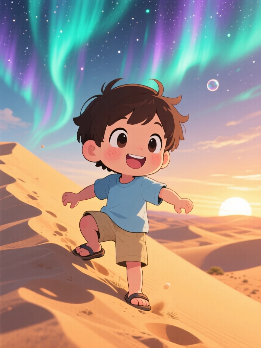 A small boy climbing a gentle sand dune at sunset, framed as a dynamic diagonal composition within a golden desert landscape, beneath swirling aurora-lit skies, glowing under diffused overcast light, evoking bubbly enthusiasm.