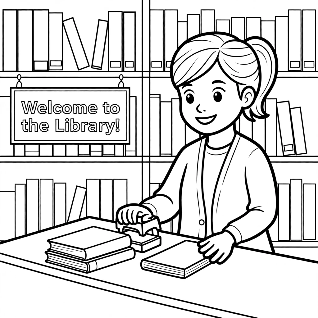 A librarian stamping books at a checkout desk
