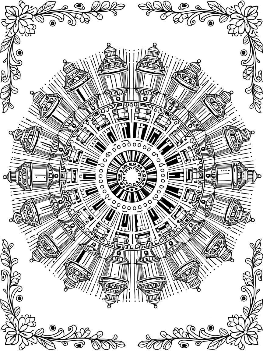 A mandala of stacked lanterns radiating light in concentric rings.