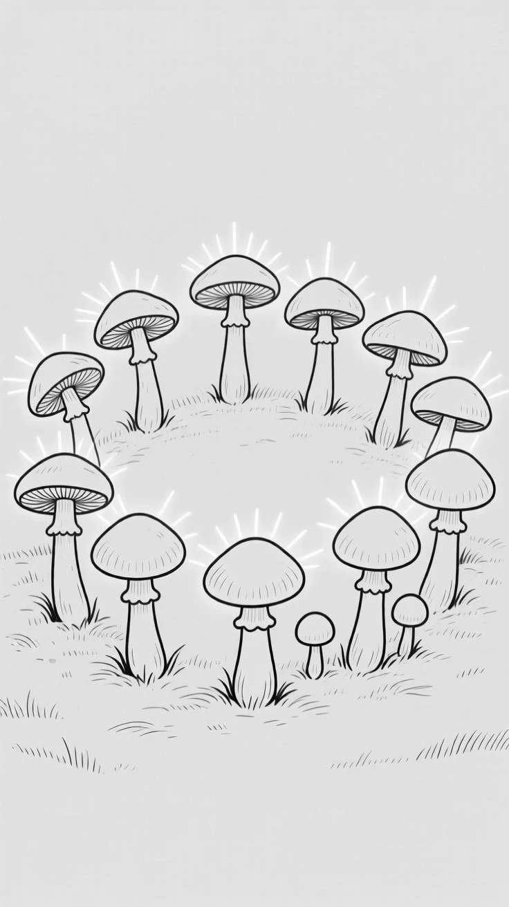 A fairy ring of mushrooms glowing softly at midnight