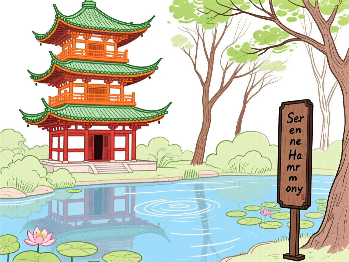 A traditional pagoda reflected in a still garden pond.