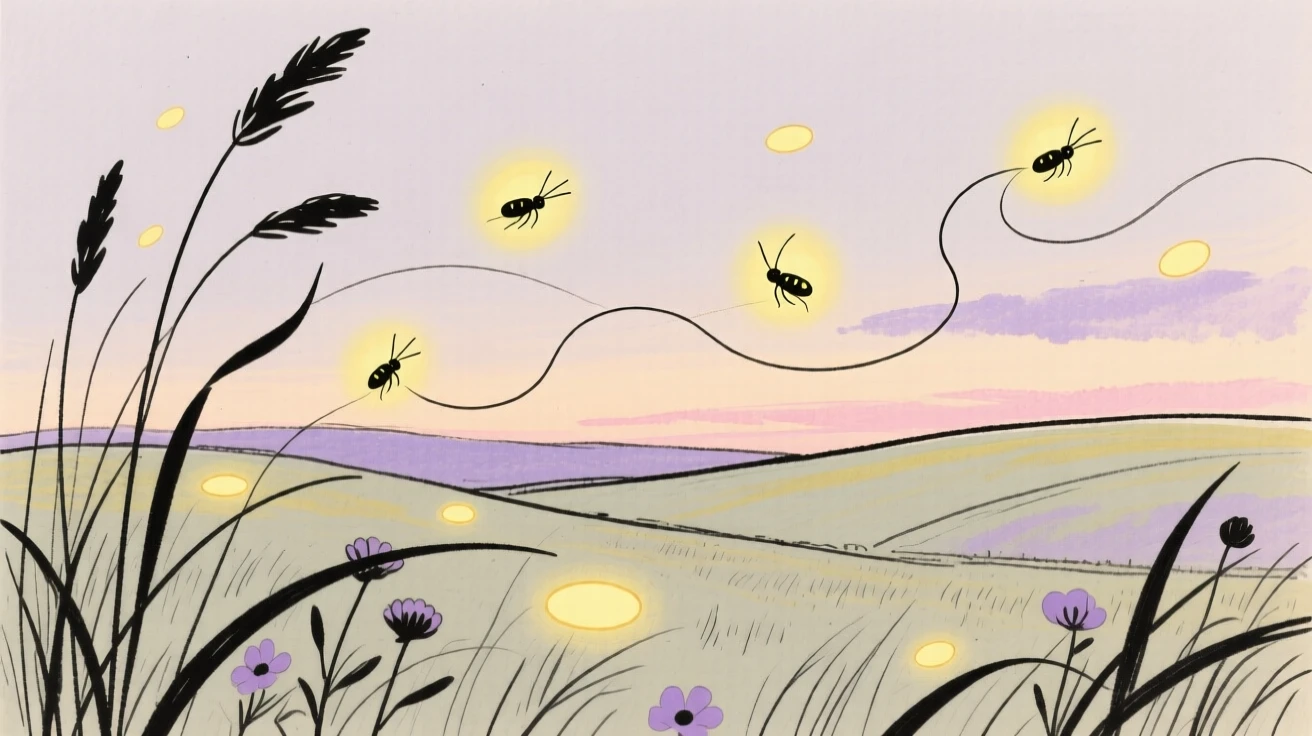 A field of fireflies at dusk
