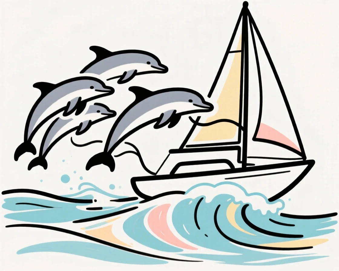 A group of dolphins riding the bow wave of a sailing boat.