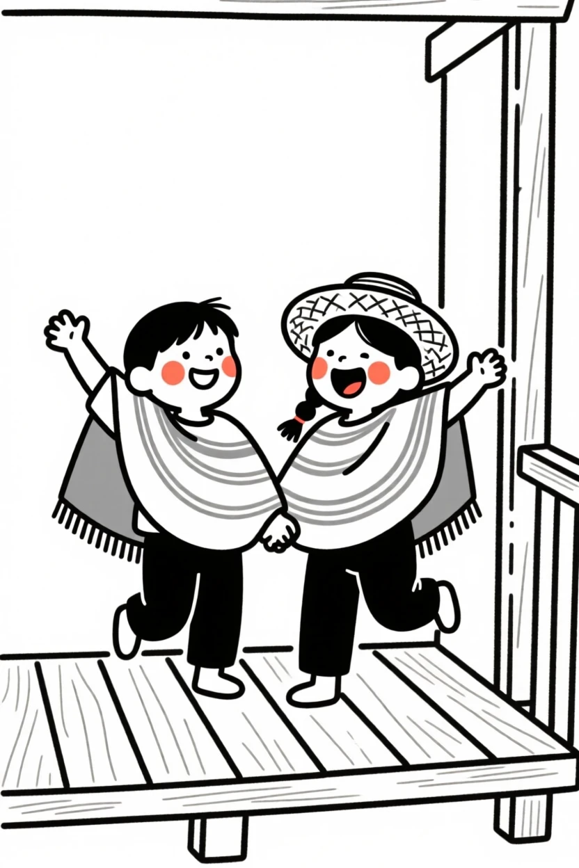 Close childhood friends of Peruvian heritage, bursting with excitement, on a rustic wooden porch.