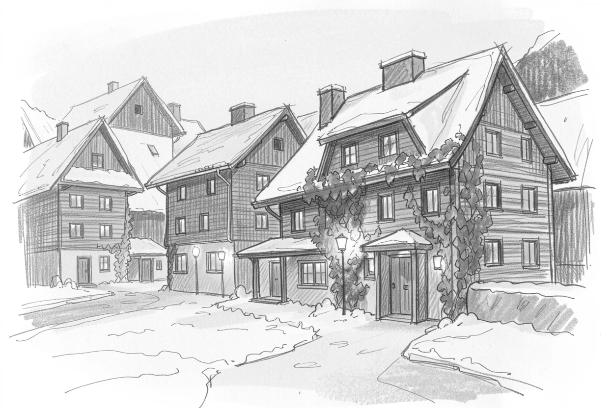 A snow-dusted alpine chalet village as evening lights begin to glow, with lush ivy climbing the walls.