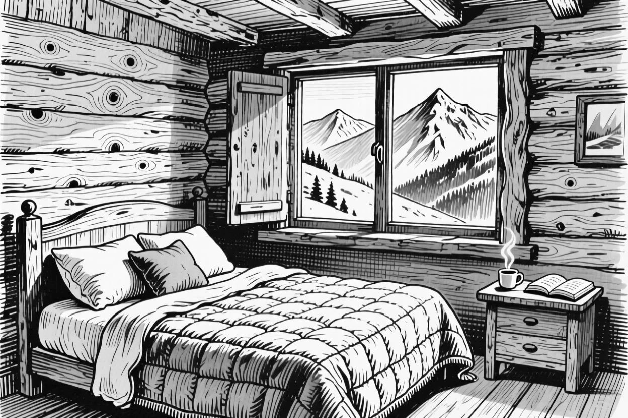 A cozy chalet bedroom with wooden walls and a view of snowy peaks.