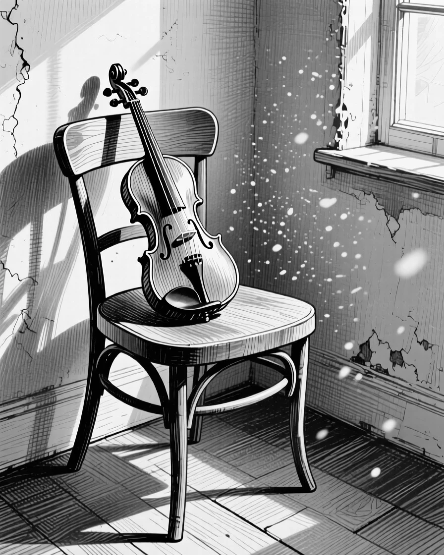 A violin resting on a chair tucked into the corner of a cozy room, with dust motes floating in a sunbeam, forming a warmly inviting still-life study.