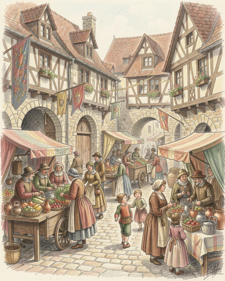 An old-world European market square bustling with vendors and carts, with careful attention to period-accurate clothing and setting, full of cultural pride and historical wonder.