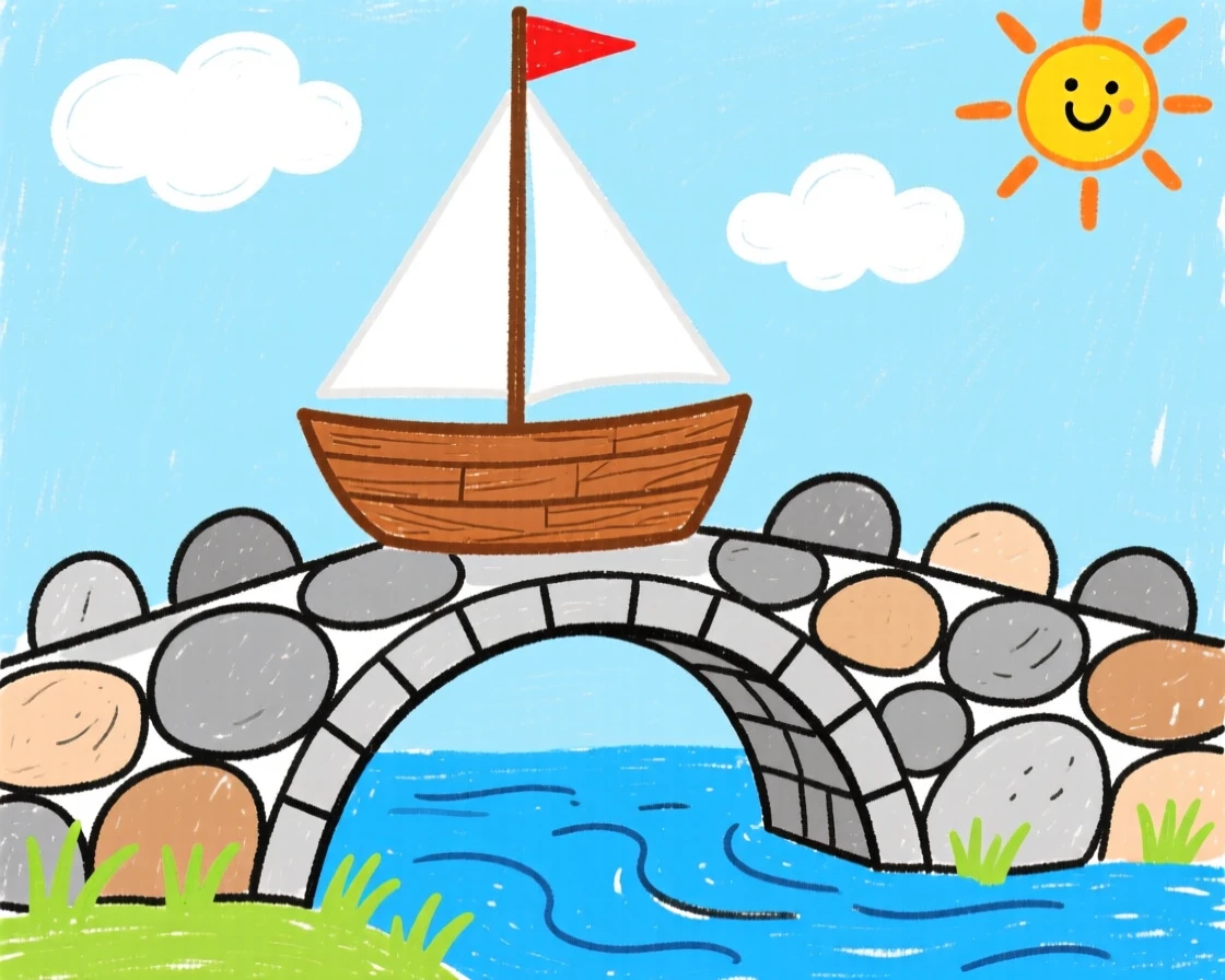 A classic wooden sailboat crossing an old stone bridge.