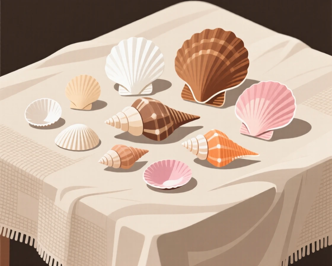 A collection of seashells arranged by size and color, arranged on a rustic linen tablecloth, arranged with soft layered shadows adding dimension, with a clean, elegant simplicity.