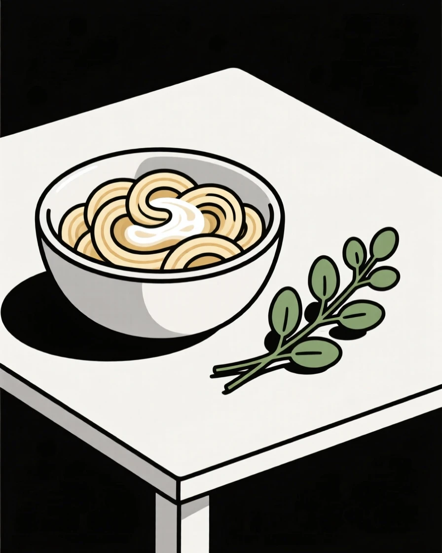 A homemade bowl of creamy pasta cooling near fresh herbs on a mountain cabin table, expressing fresh vibrance.