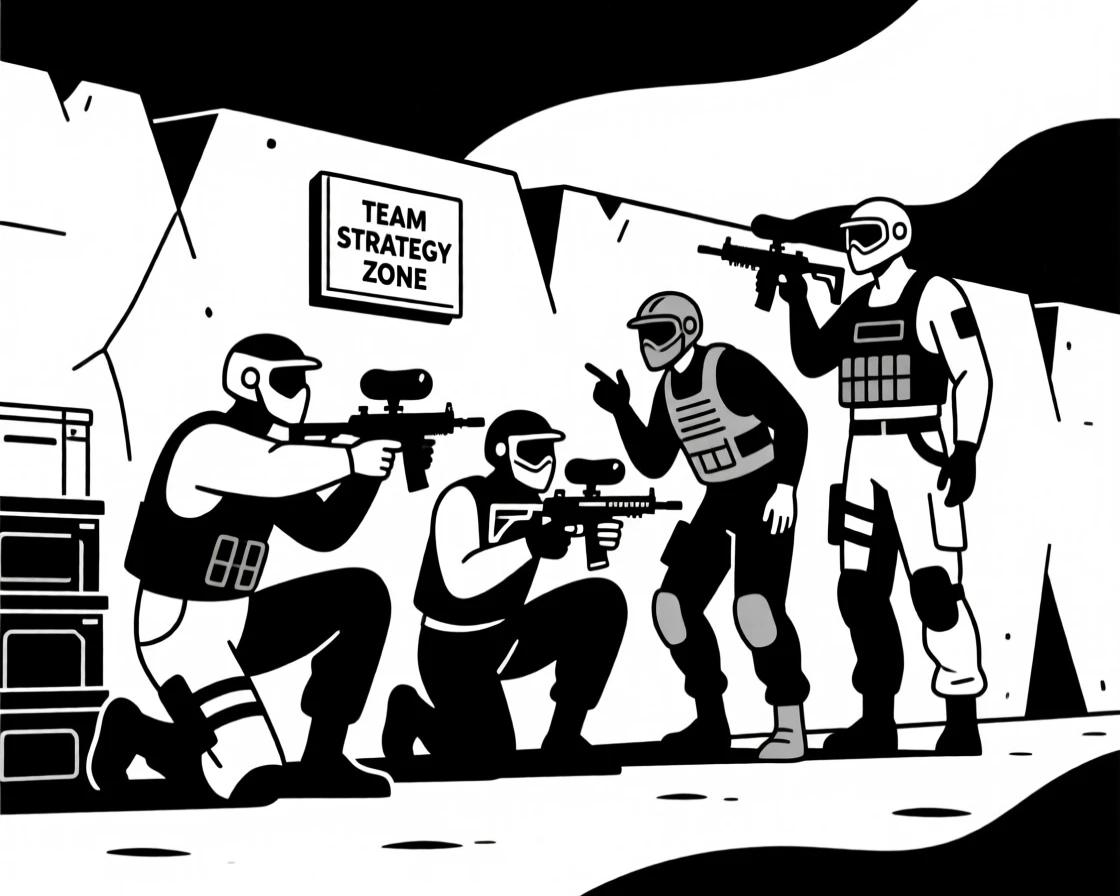 A paintball team strategizing behind cover.