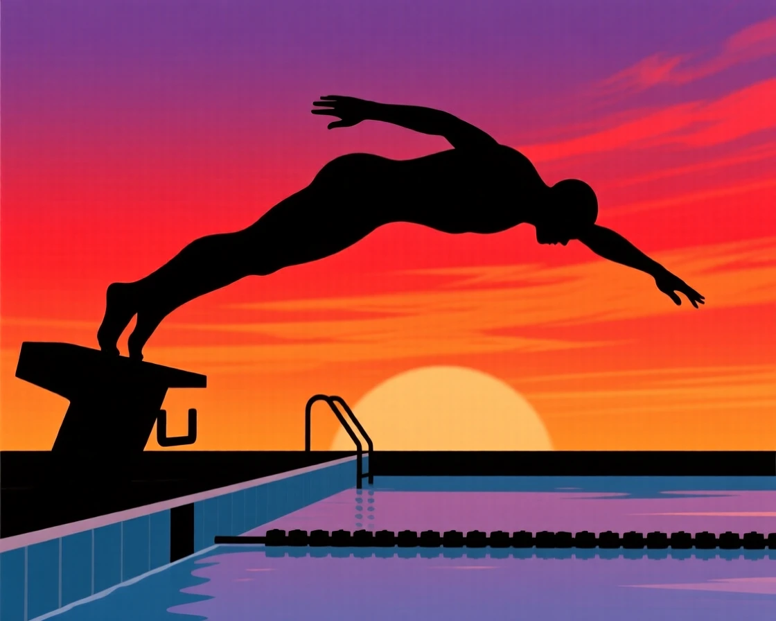 A swimmer diving cleanly off the starting block into a pool.