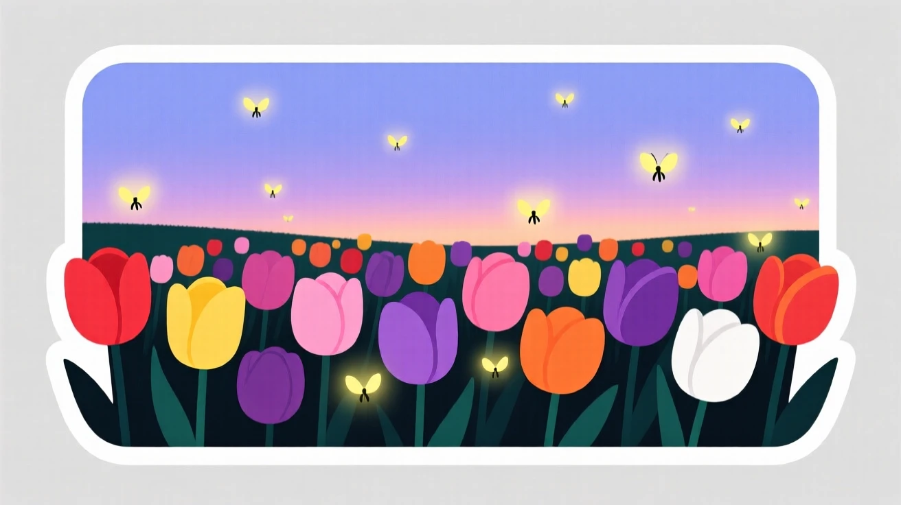 A peaceful field of tulips in every color, with fireflies glowing softly in the dusk, on a clear and cloudless day.