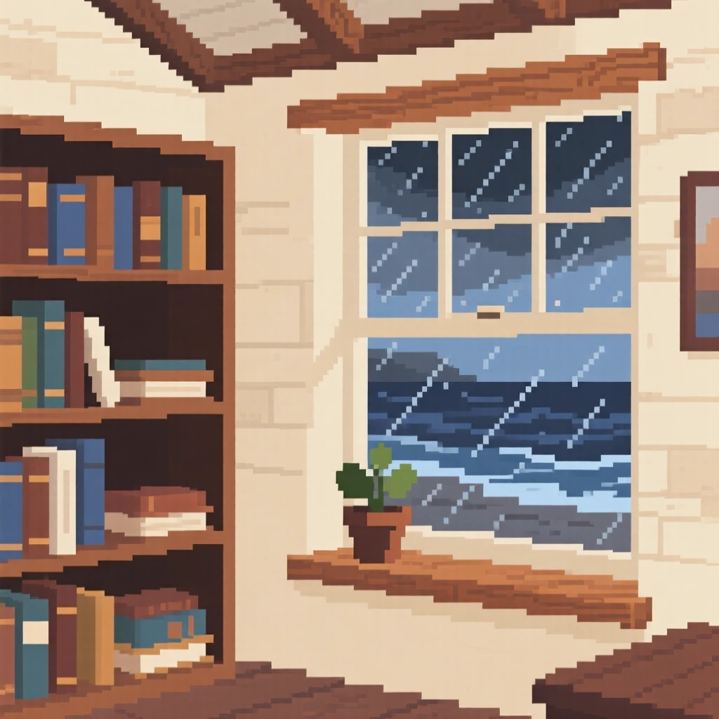 A bookshop corner with rain gently streaking the window beside it, inside a seaside cottage during a storm.