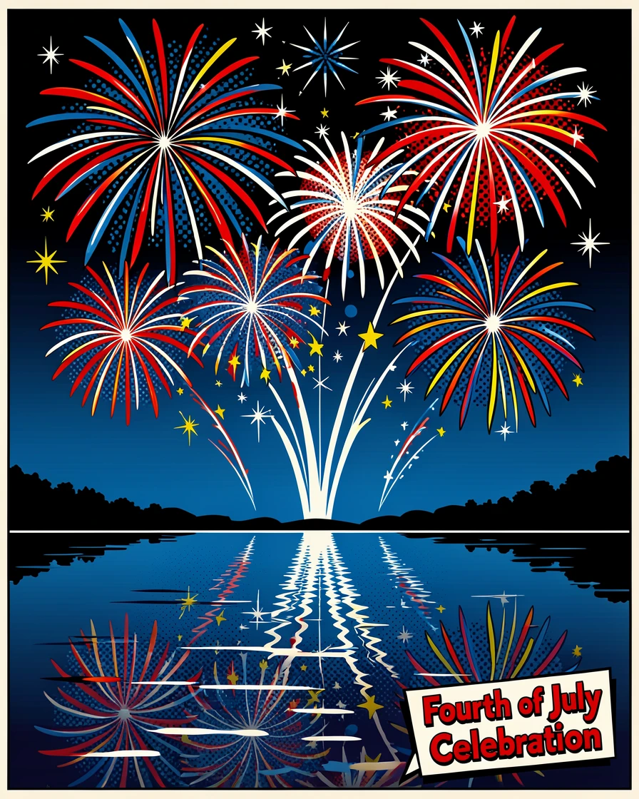 Fireworks over a lake on the Fourth of July