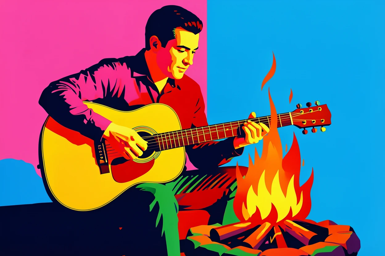 Man tuning an acoustic guitar by a campfire