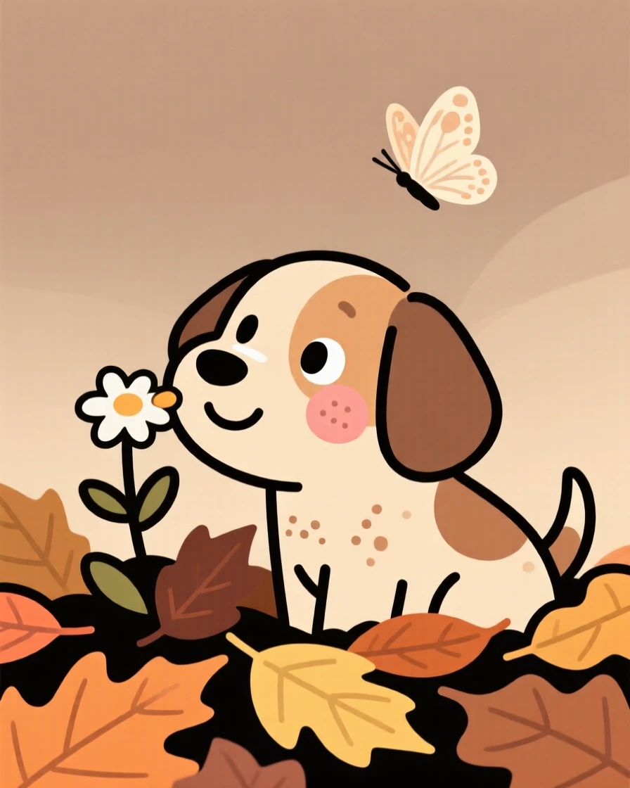 A wide-eyed puppy sniffing a wildflower in a pile of autumn leaves, pausing to look up with curious, gentle eyes as a butterfly drifts past.