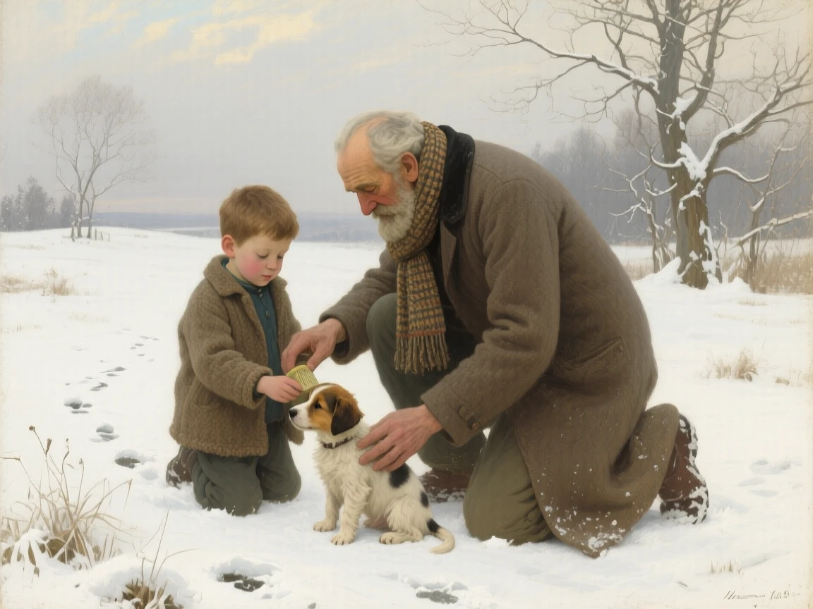 A well-framed scene of a grandfather teaching his grandson to care for a new puppy, in deep winter, at midday.