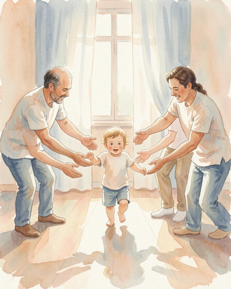 A toddler taking first steps toward outstretched arms surrounded by loving family nearby.