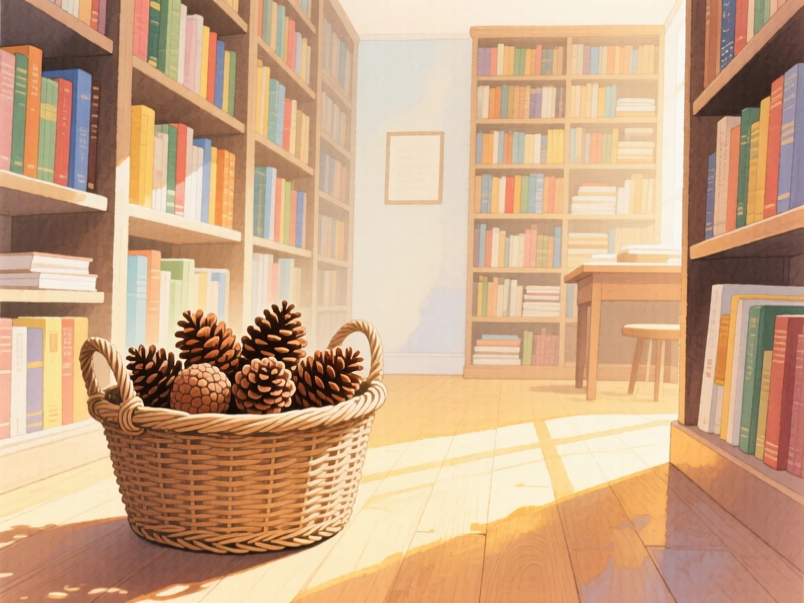 A charming view of a book-lined study, with warm sunlight spilling across the floor, featuring a woven basket filled with pinecones