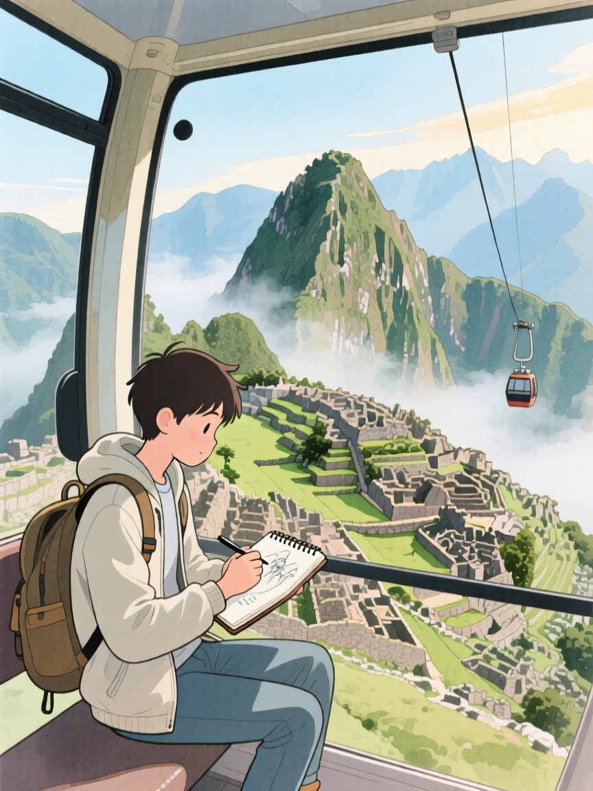 A solo traveler sits sketching in a small notebook amid a cable car rising above the misty peaks of Machu Picchu, radiating cultural warmth and beauty.