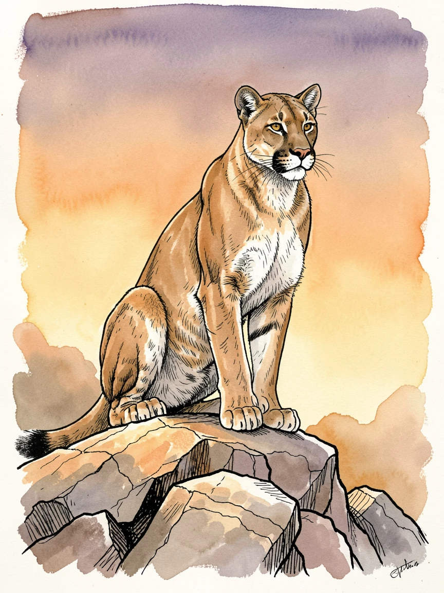 A mountain lion perched watchfully on a rocky outcrop at dusk, the golden light of late afternoon warming the scene.
