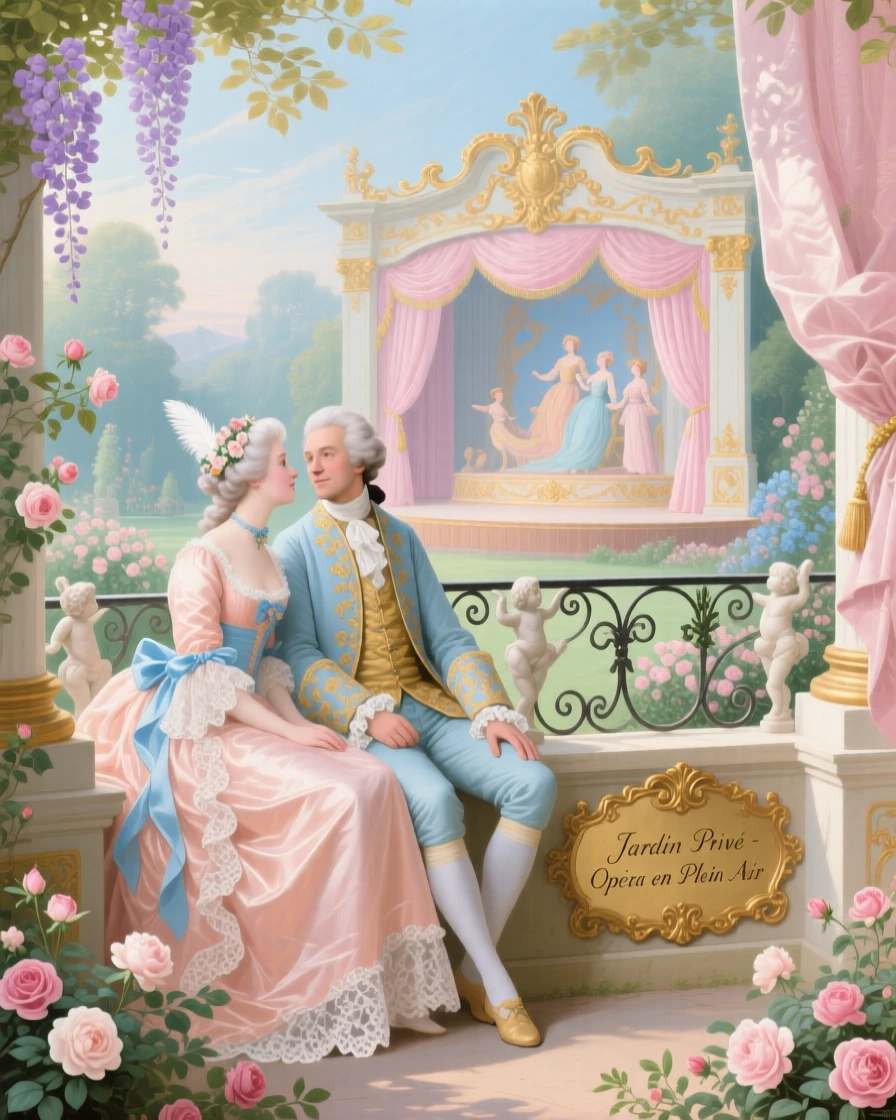A couple watching an outdoor opera from a private garden box  