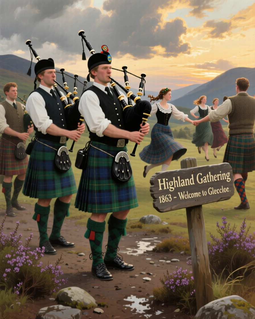 A Scottish Highland gathering with bagpipers and dancers in traditional dress, as golden or dramatic lighting sets a timeless, cinematic mood, capturing the grandeur and detail of a bygone era