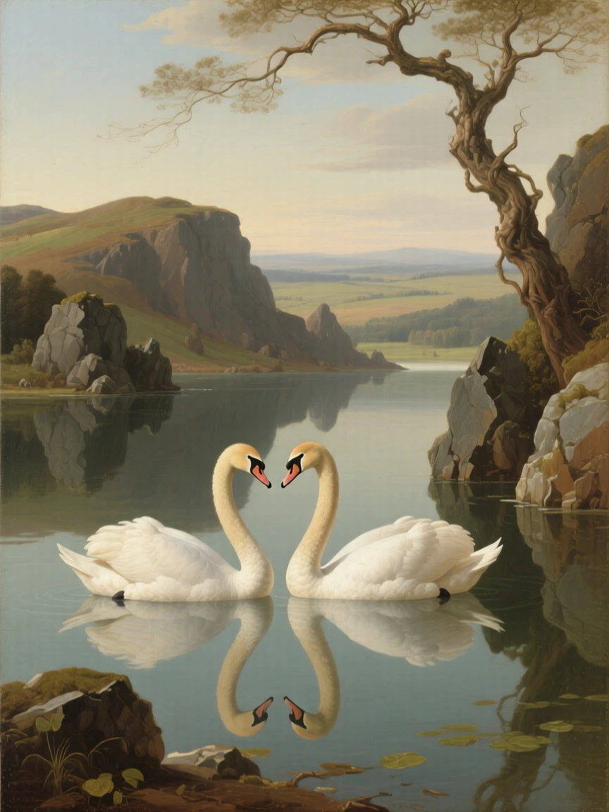 A pair of swans gliding gracefully across a still, mirrored lake in a fleeting instant of natural beauty rarely witnessed, set atop a windswept ridge overlooking a vast, open landscape, with reflections in still water doubling the beauty of the moment; strong natural framing from branches or rock formations draws the eye inward, evoking wonder, majesty, and reverence for the natural world.