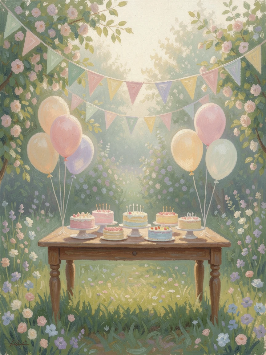 A birthday celebration in a garden filled with balloons, bunting, and a table of colorful cakes, in the gentle hush of early morning, radiating serenity and gentle stillness.