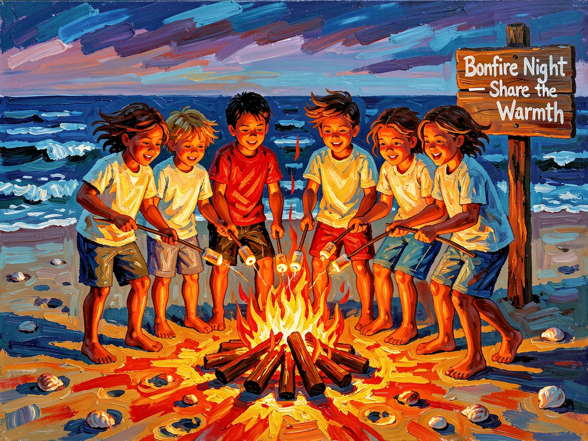 A group of children gathered around a bonfire roasting marshmallows on a beach.