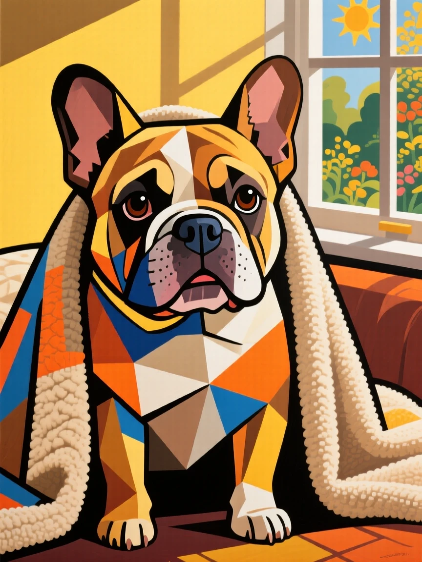 A charming close-up of a chubby french bulldog peeking out from beneath a cozy blanket on a bright afternoon.