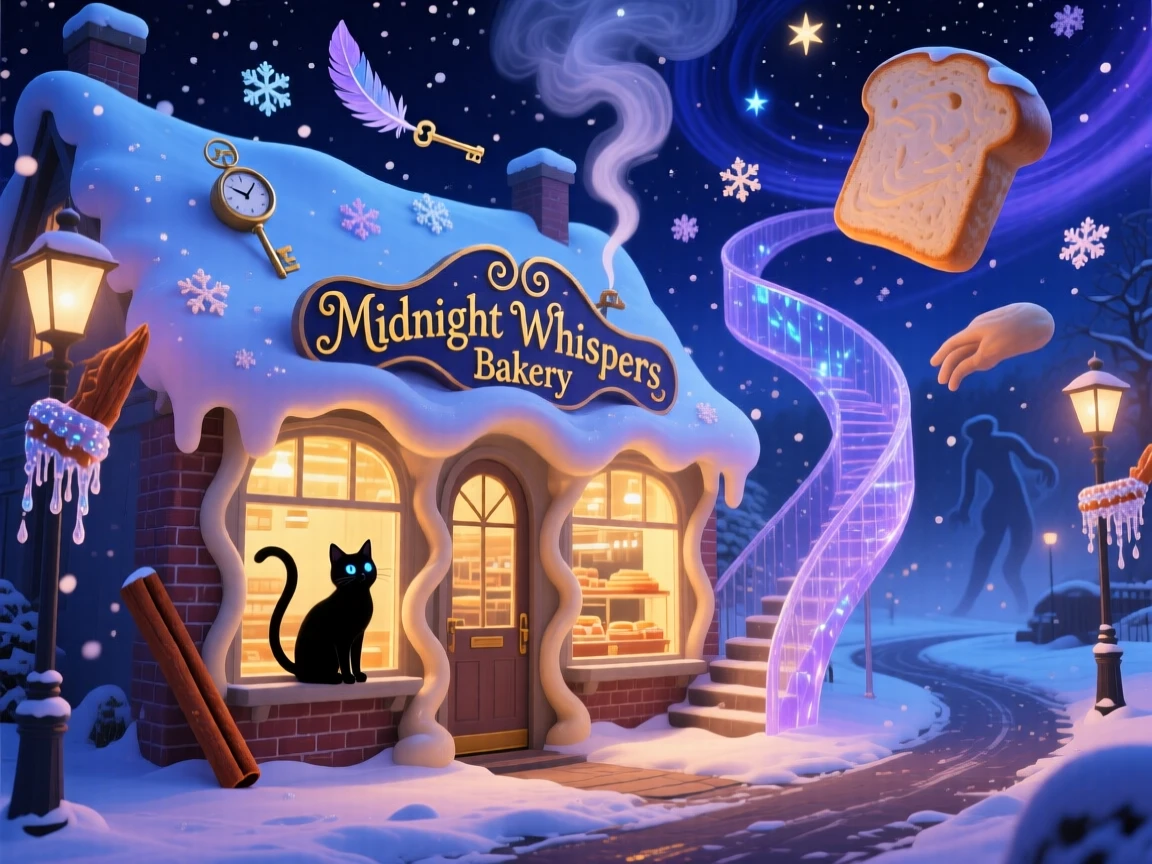 A bakery whose windows glow with warm, golden light at midnight rests peacefully beneath a blanket of drifting snow, while a cat watches curiously from an open window.