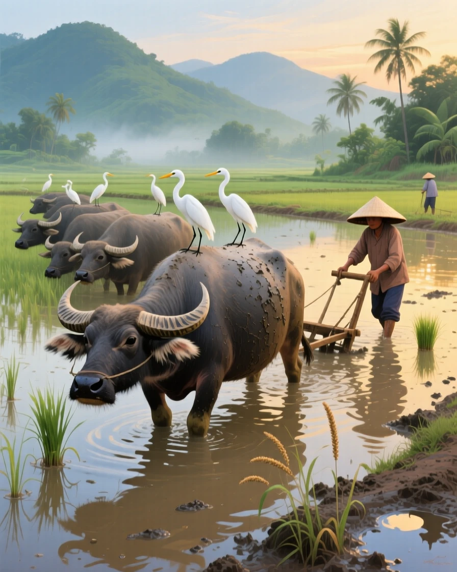 A herd of water buffalo wades through a muddy rice paddy in Vietnam, egrets perched on their backs as farmers work nearby, small environmental cues, like tracks or disturbed grass, hinting at its recent movement.