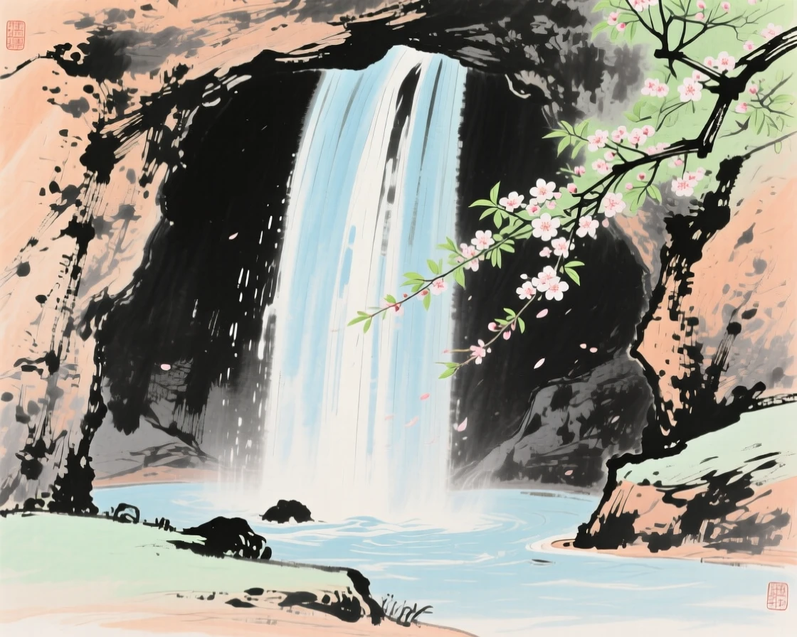 A hidden grotto behind a curtain of falling water, in a warm breeze carrying the scent of blossoms, in early spring.