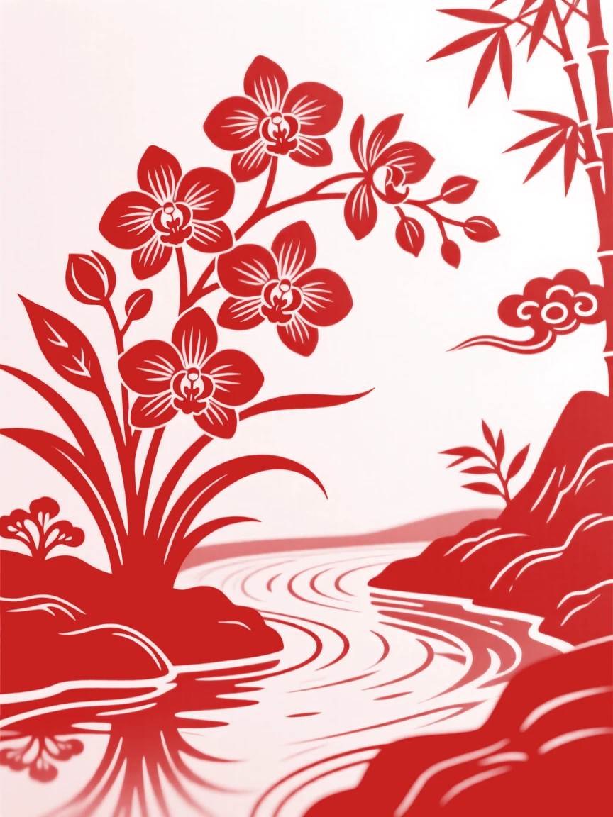 A cluster of orchids growing along the edge of a mountain stream, delicate blooms reflected in the clear water