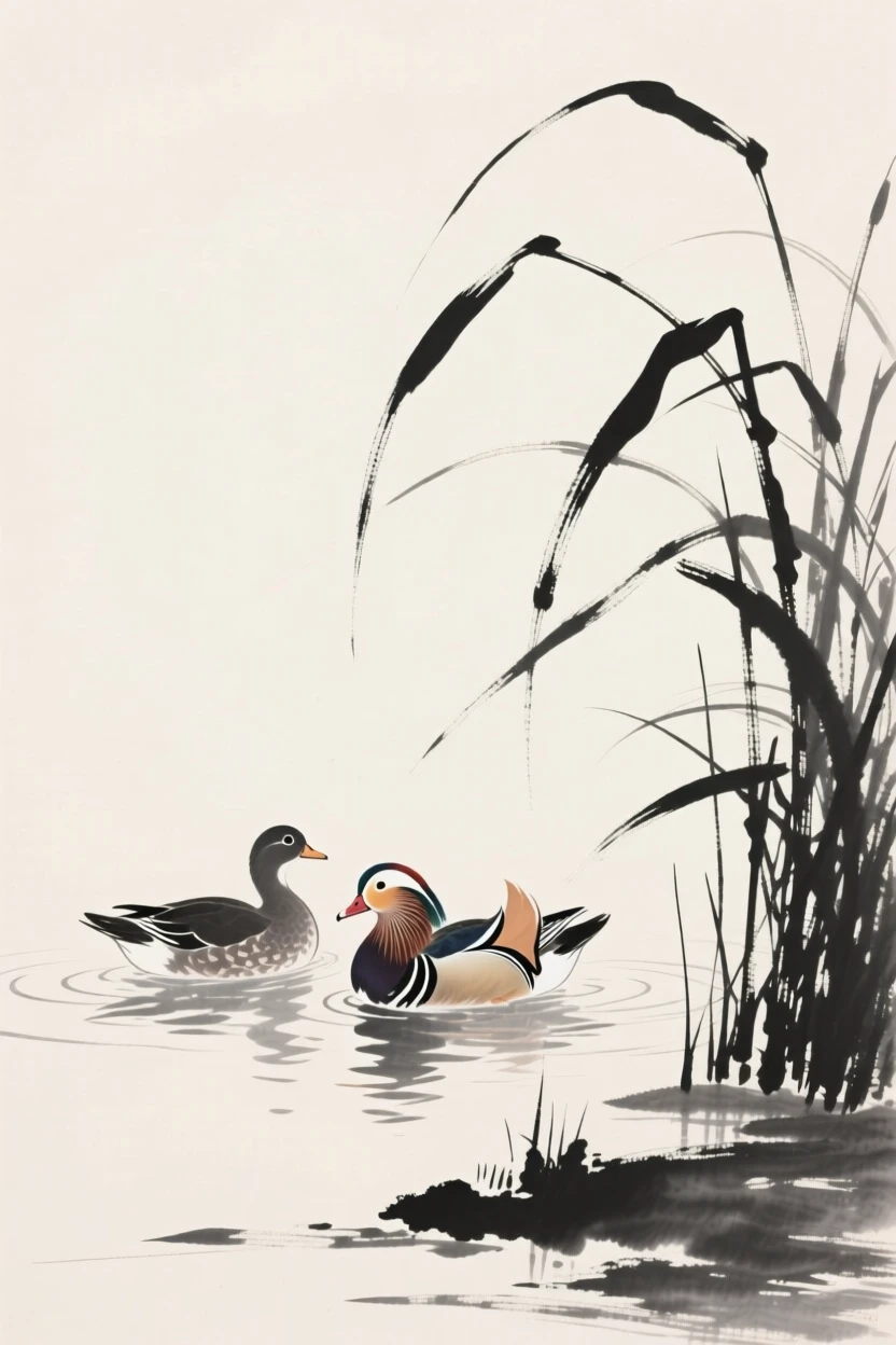 A mandarin duck pair gliding low across the water's surface along the edge of a reed-lined marsh, positioned in one corner, leaving airy negative space, conveying serenity and effortless movement.