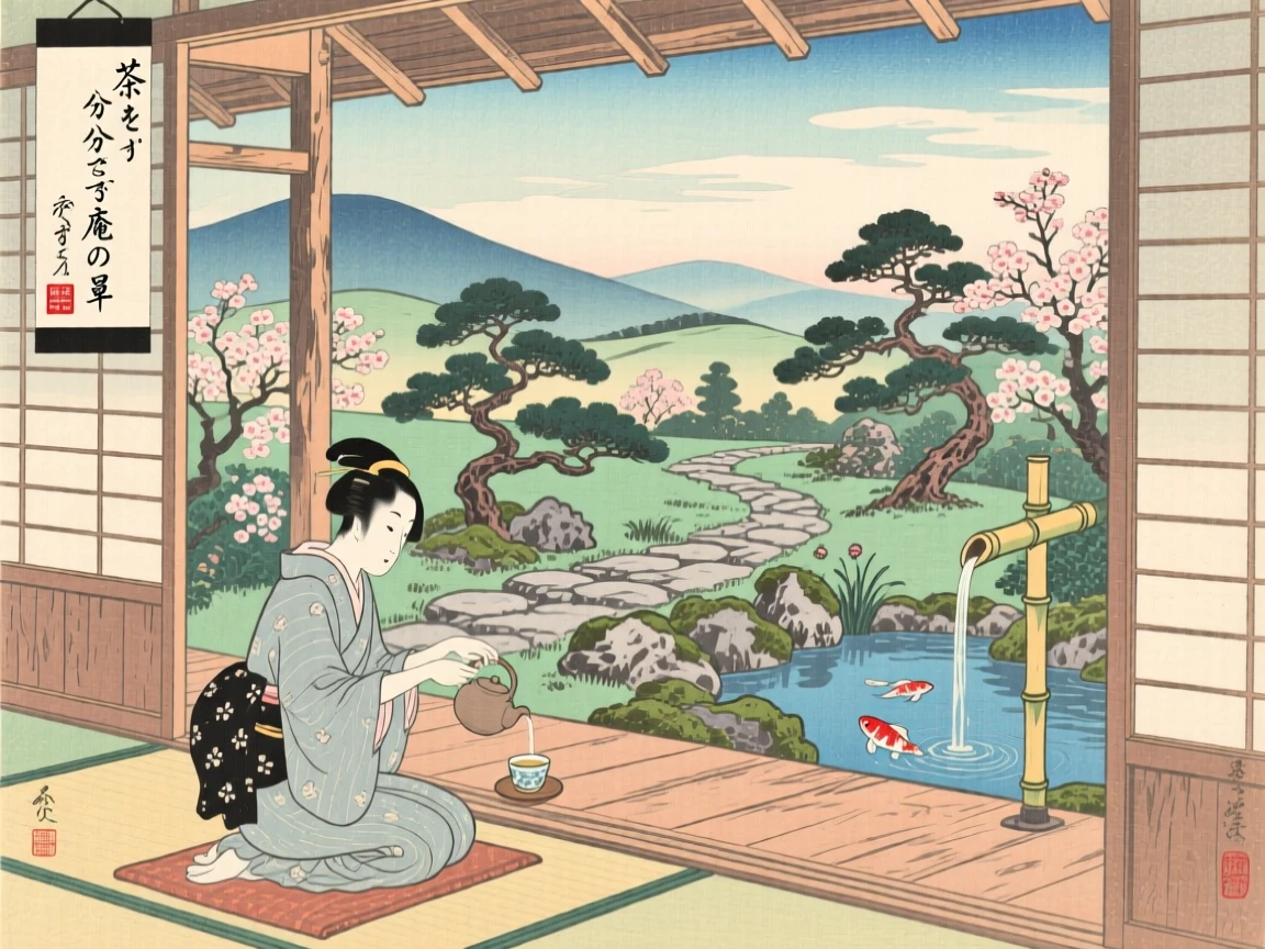 A barista sharing tea on a porch overlooking a garden.