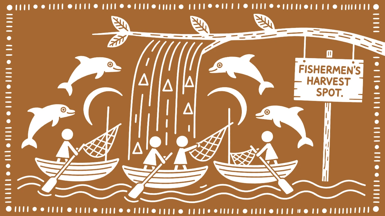 A group of fishermen's boats surrounded by dolphins gathered near a waterfall.