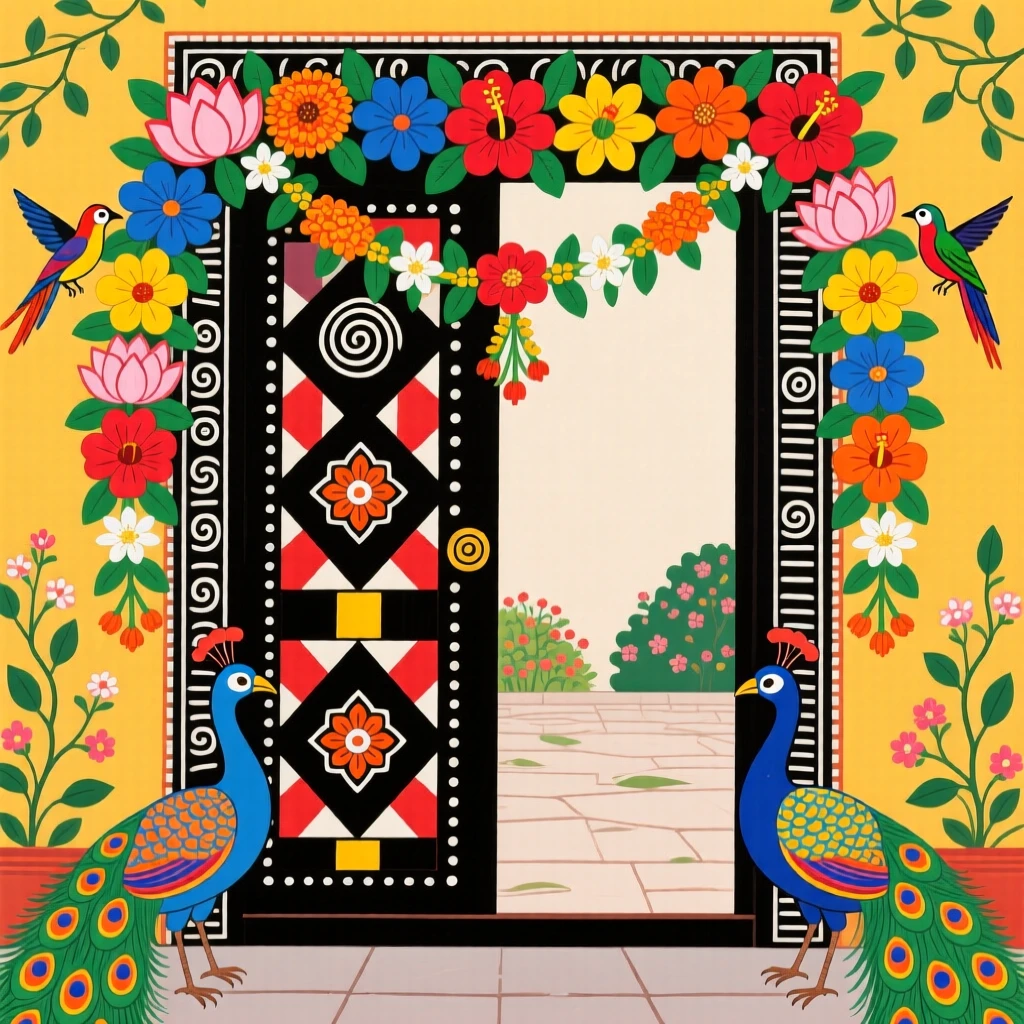 A garland of mixed blossoms hanging from an open courtyard door.