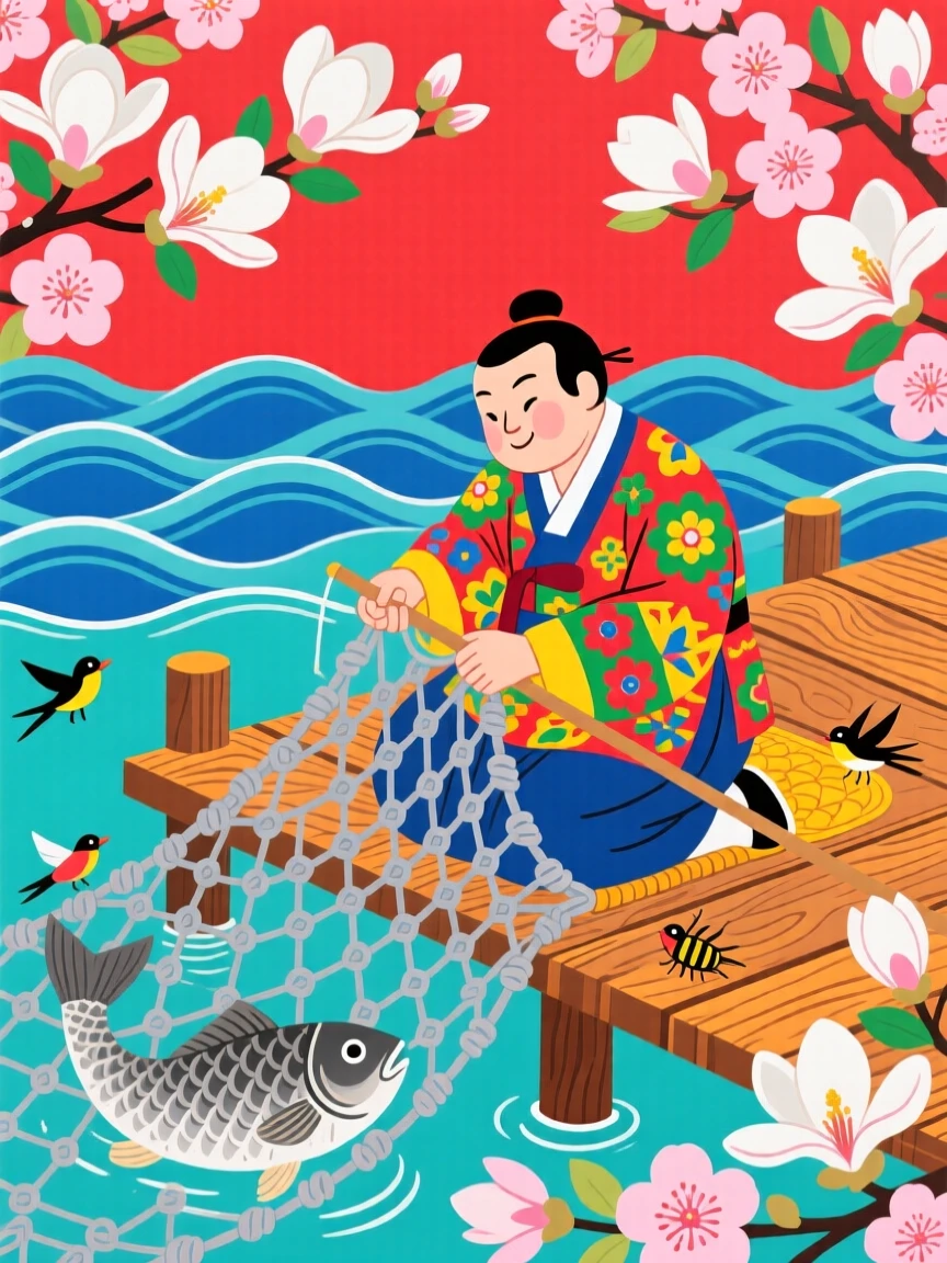 A fisherman mending his net on a quiet dock, during the first spring bloom.