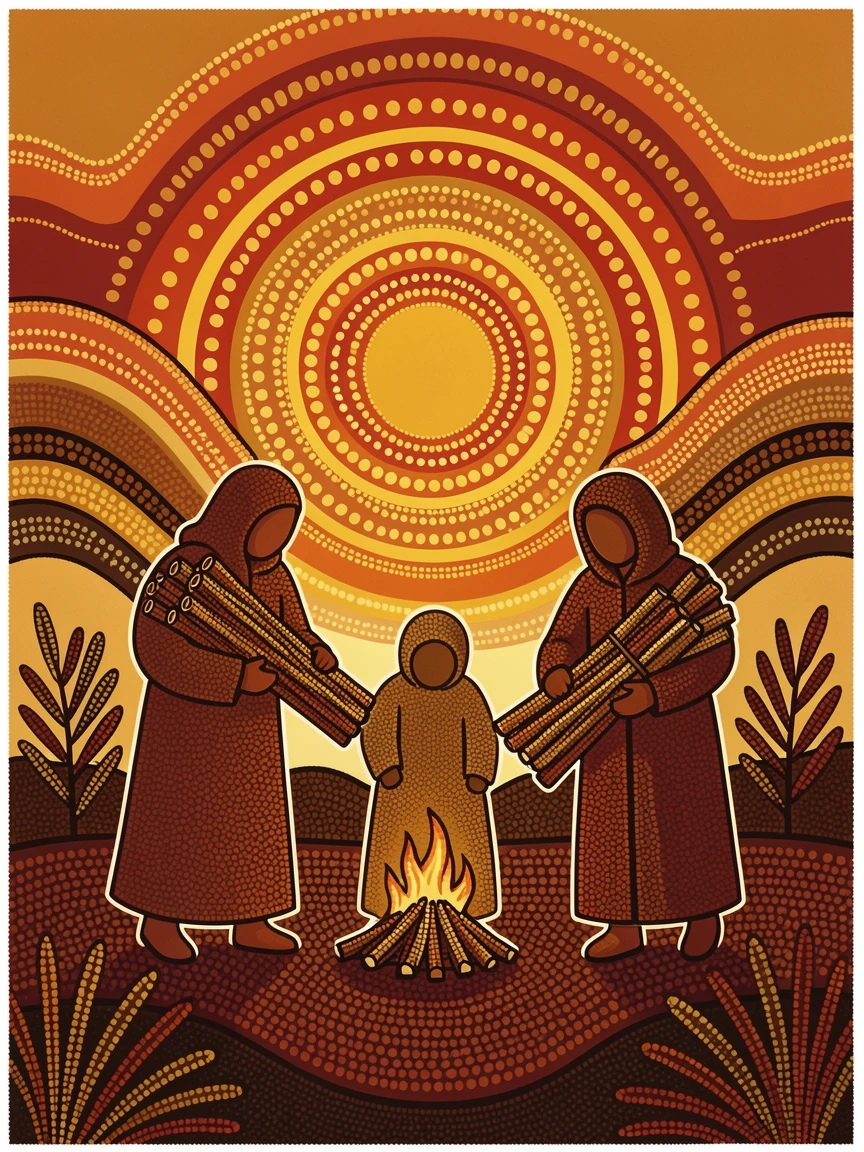 A family gathering firewood for winter at sunrise